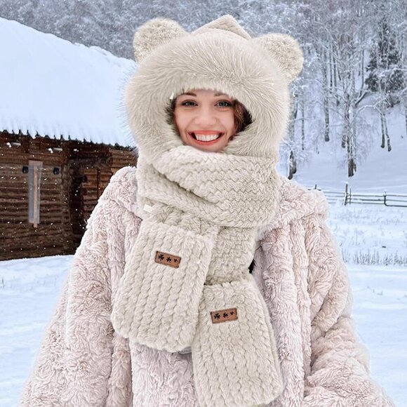 Women\'s Beige Hooded Scarf Cute Bear Ear Hat Faux Fur Gloves Set Soft main image 6